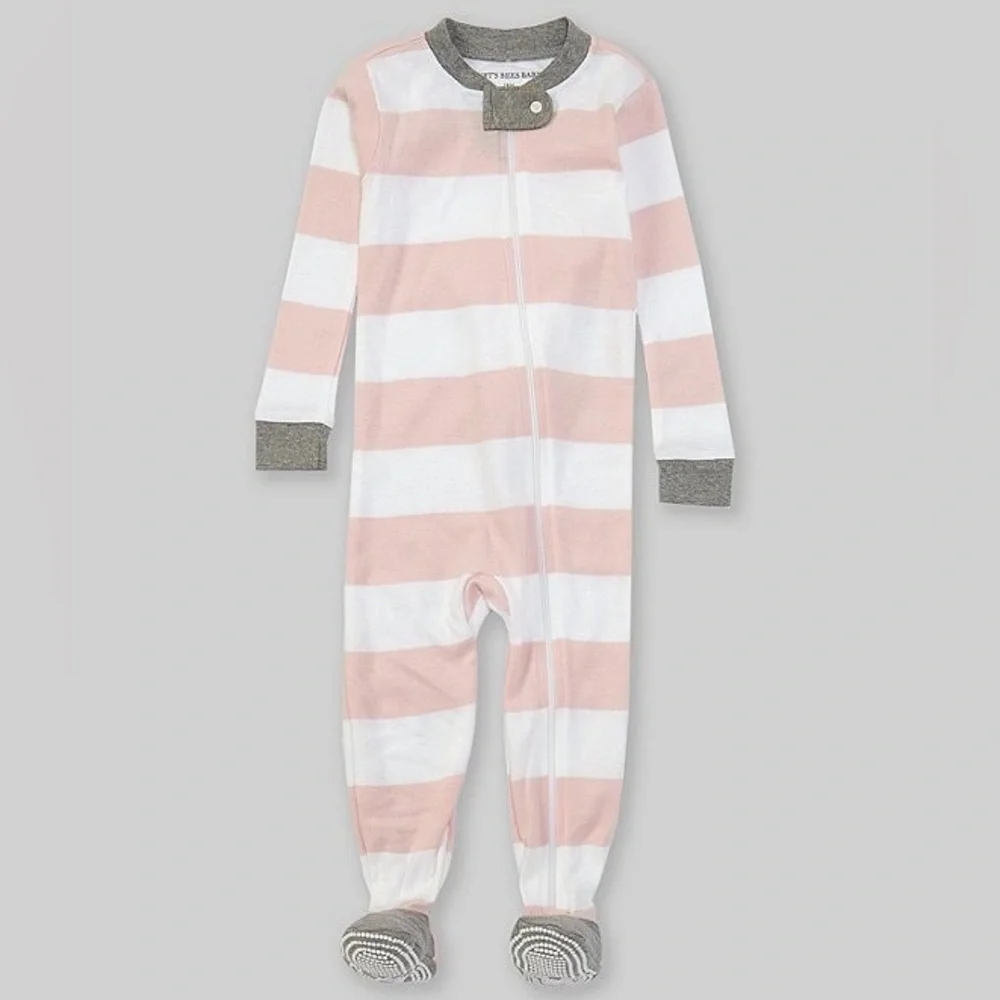 NWT Burt's Bees Baby 24 MLong-Sleeve Stripe Footed Onesie Pajama Pink and White